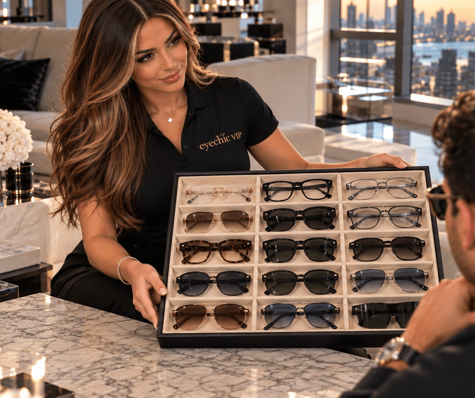 Eyechic VIP specialist presenting a tray of designer glasses during a home consultation